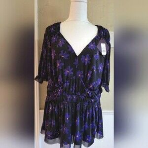 Ava & VIV, Blue/ Purple Floral Short Sleeve Shirt, Size 1X